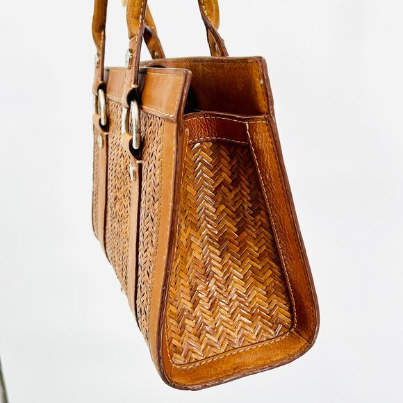 Michael Kors Tan Brown Woven Straw Leather Herringbone Tote Handbag - Picture 4 of 10